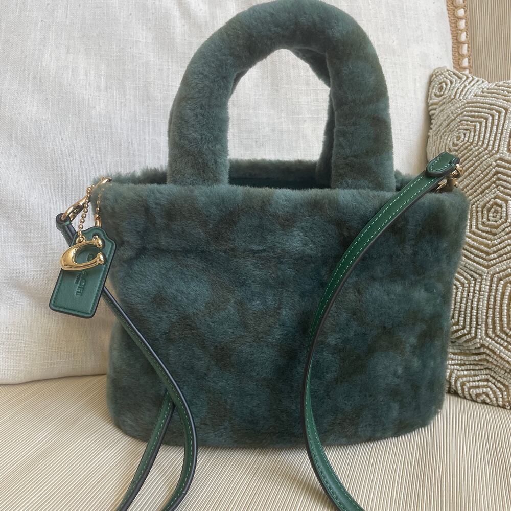 RARE Coach Japan CM177 Green Shearling Small Tote Crossbody, Gold Hardware